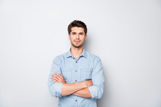 Real freelancer concept. Portrait of serious focused guy feel masculine true professional expert cross his hands wear denim jeans style clothes isolated over grey color background