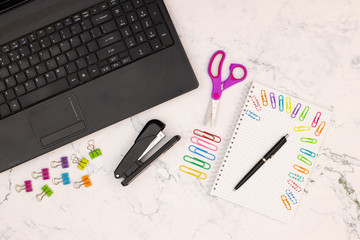 Top view of office table. Office supplies on the table 