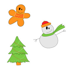Christmas vector set: Christmas tree, snowman and gingerbread man.