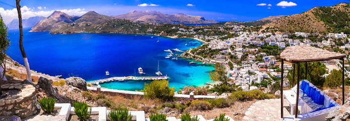 Amazing Greece - beautiful scenery of Leros island, view of Panteli beach and village