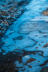 Frozen puddles on mud farm track