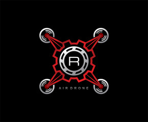 Obraz premium Drone Gear Engineering Letter R Logo Design, Flying Gear Drone Vector 