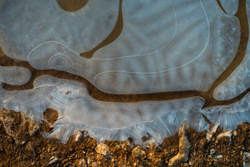 Frozen puddles on mud farm track