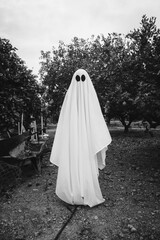 Ghost covered with a white ghost sheet on a forest. Halloween Concept