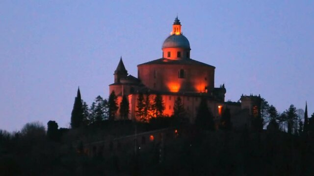 San Luca Sanctuary by night in Bologna city. Historical church and pilgrimage destination in Emilia-Romagna, Italy.