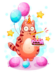 Cartoon cat happy birthday, around balls and cake