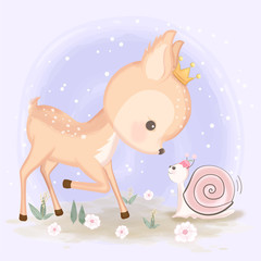 Cute deer and snail hand drawn animal illustration watercolor on purple