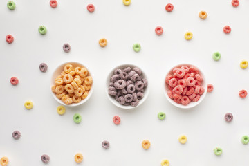 Top view colorful cereal bowls on a table