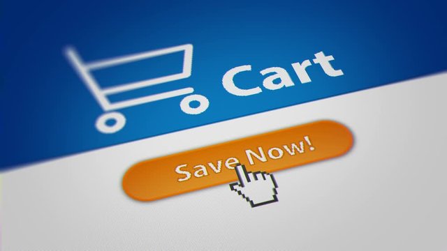 Mouse Cursor Clicking "Save Now!" Button. Online Shopping Checkout Process.