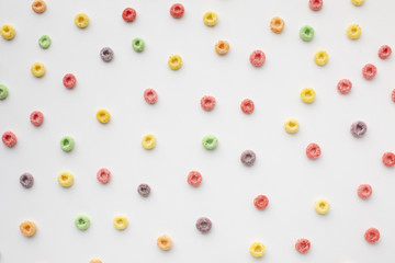 Colorful arrangement of cereal on a table