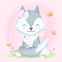 Cute wolf hugging with mouse hand drawn animal illustration watercolor on purple