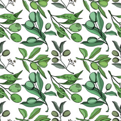 Vector Olive branch with fruit. Black and white engraved ink art. Seamless background pattern.