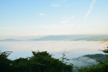 Fog in morning time with mountain view.