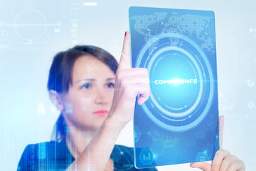 The concept of business, technology, the Internet and the network. A young entrepreneur working on a virtual screen of the future and sees the inscription: