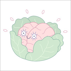 Brand new, new-born brain in the cabbage flat cartoon vector illustration. A part of brain collection.