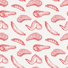 Meat Vector Seamless Background Pattern. Hand Drawn Steak, Sausages, Chicken Leg and Wing Sketches. Food Card, Wrapping, Wallpaper or Cover Template