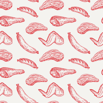 Meat Vector Seamless Background Pattern. Hand Drawn Steak, Sausages, Chicken Leg and Wing Sketches. Food Card, Wrapping, Wallpaper or Cover Template