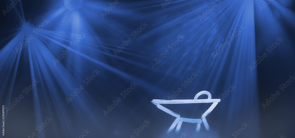 Poster christmas time. nativity illustration of manger with baby jesus. light illustration.