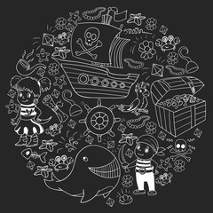 Vector set with pirate elements for birthday party for little children. Kids pattern with octopus, beach, treasure chest, ship