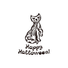 Halloween Hand Drawn Cat with Phrase