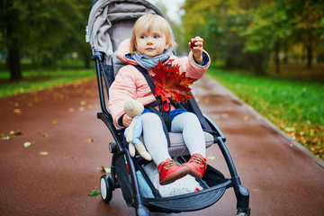 Obraz premium Adorable little girl in pushchair with red maple leaves
