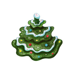 Hand drawn watercolor illustration clipart of green decorated snow covered fir tree . Christmas and winter holidays design elements