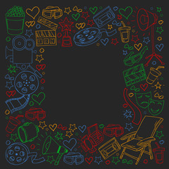 Vector pattern with cinema icons. Movie Theater, TV, popcorn, video clips, musical