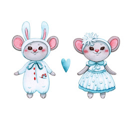 Hand drawn watercolor illustration clipart set of cute little mice couple in carnival costumes of rabbit and snowflake isolated on white. Christmas and winter holidays