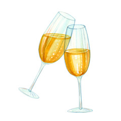 Hand drawn watercolor illustration clipart set of champagne glasses isolated on white. Drinks, holidays and celebration