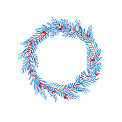 blue christmas wreath with red berries or frame