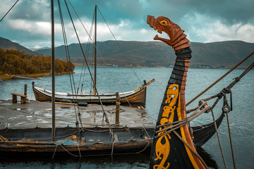 Replicas of historic viking long-boats at Lofoten Islands