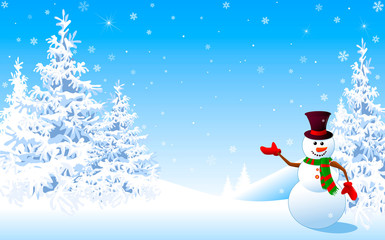 Snowman christmas greeting card winter background. Snowman in a hat welcomes against the backdrop of a winter snowy forest. Snowman on the background of fir trees and snowflakes. Christmas invitation.