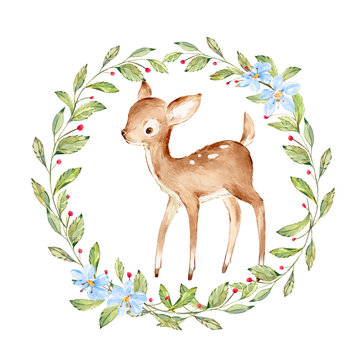 Cute Watercolor Baby Deer surrounded by wild forest plants wreath. Full Profile Baby Deer over white. Isolated. Nursery print of Forest Animals for baby girl or boy.