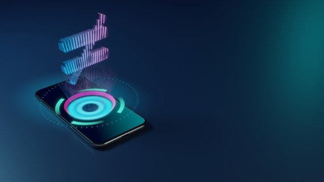 3D rendering neon holographic phone symbol of not equal icon on dark background