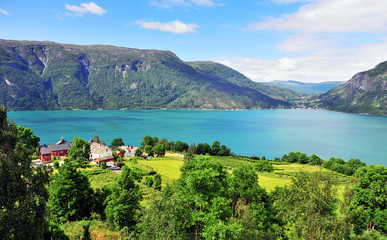 Fototapeta na wymiar Top view of Ornes village on fjord