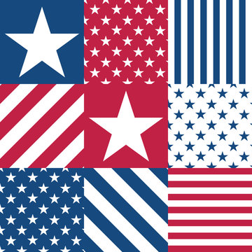 Colorful patchwork of American flag. USA patriotic background. Vector  seamless pattern.  