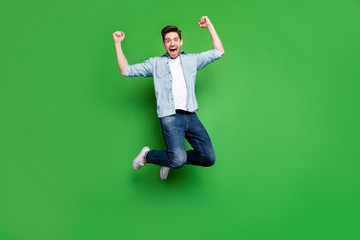 Full length body size photo of cheerful crazy ecstatic guy rejoicing with his favorite sport team...