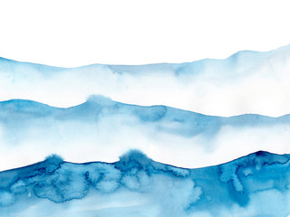 Watercolor blue winter snowing background, Look like wave and sea. Original painting on watercolour paper. Illustration for decoration element. Backdrop with ocean water. Minimalism, monochromatic