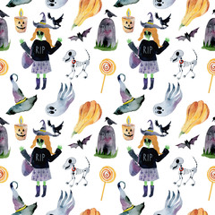 Naklejka premium Set of hand-drawn elements painted in watercolor. Cute illustratio ns for Halloween. Watercolor halloween collection. Artistic autumn constructor clip art.