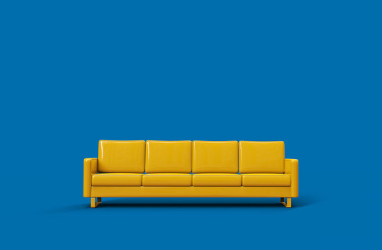 Yellow leather sofa isolated on blue background. 3d rendering
