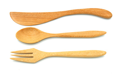 tableware set wooden isolated on white background