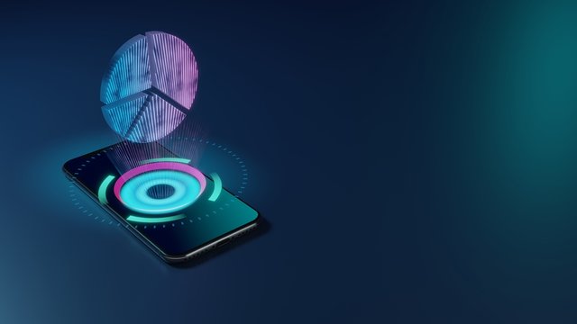 3D rendering neon holographic phone symbol of pie chart  icon on dark background