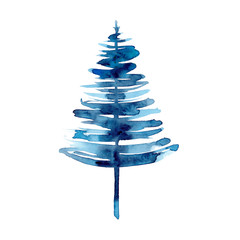 Watercolor winter blue christmas tree isolated on white background. Hand painting Illustration for print, texture, wallpaper or element. Beautiful watercolour art. Minimal style - 295896508