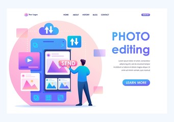 Young man is editing his photos on a smartphone. Concept of content for social networks. Flat 2D character. Landing page concepts and web design