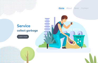 People recycle sort garbage landing page. Employee of service collect garbage, sorts by bags and containers. Household waste, recycling. People for eco city reduce environment pollution vector