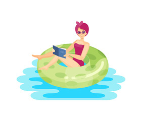 Young woman swimming inflatable ring rest, read book cartoon vector illustration. Swimming in the pool concept.