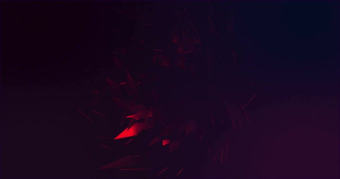 Abstract video of colored quartz crystals with spikes and polygonal elements that arise from the dark background. Birth of crystal elements from an abstract background. Geometric scifi wallpaper