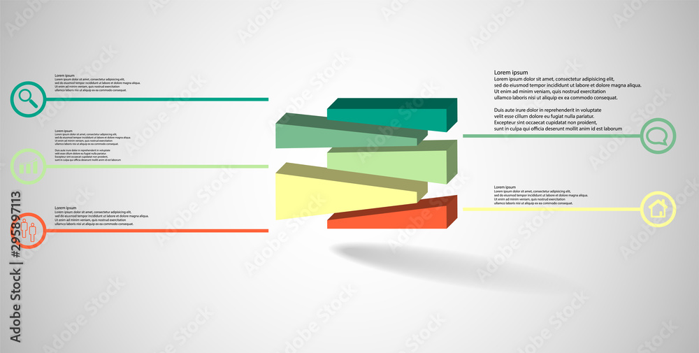 Wall mural 3d illustration infographic template with embossed cube randomly divided to five moved parts