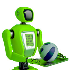 Obraz na płótnie Canvas waiter robot holding a football ball side view