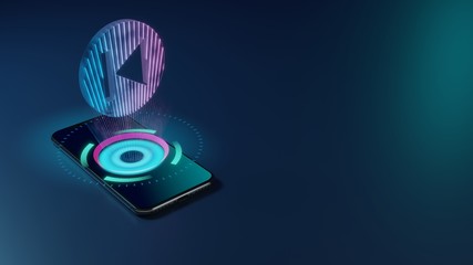 3D rendering neon holographic phone symbol of previous icon on dark background